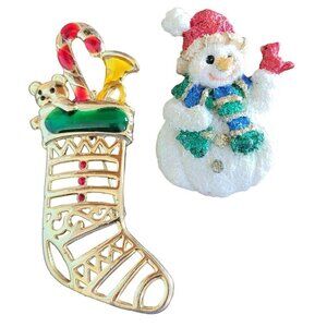 Vintage Christmas Snowman & Stocking Brooch Pin Lot Festive Jewelry Set of 2